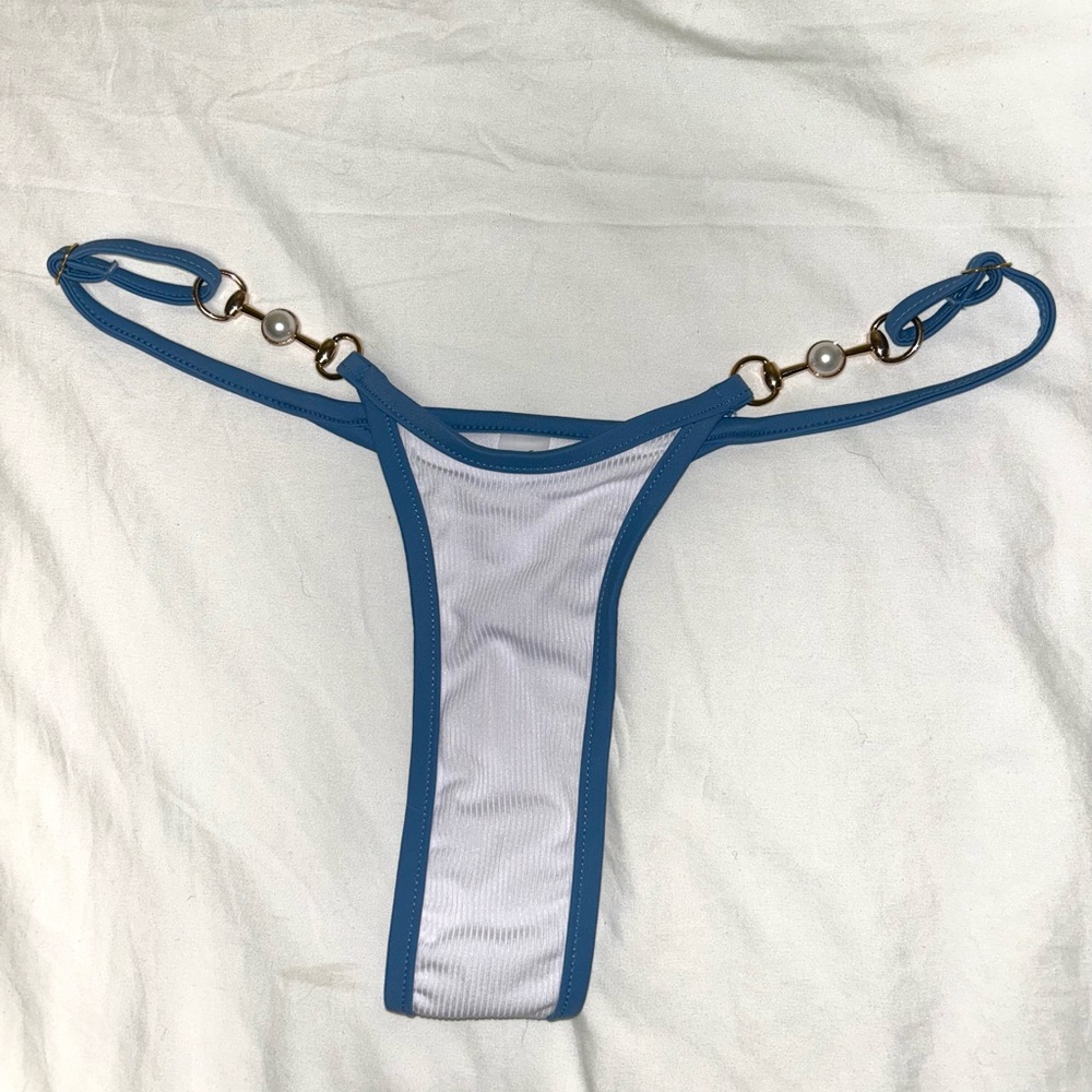 Blue and White Bikini Bottom with Pearl Accents